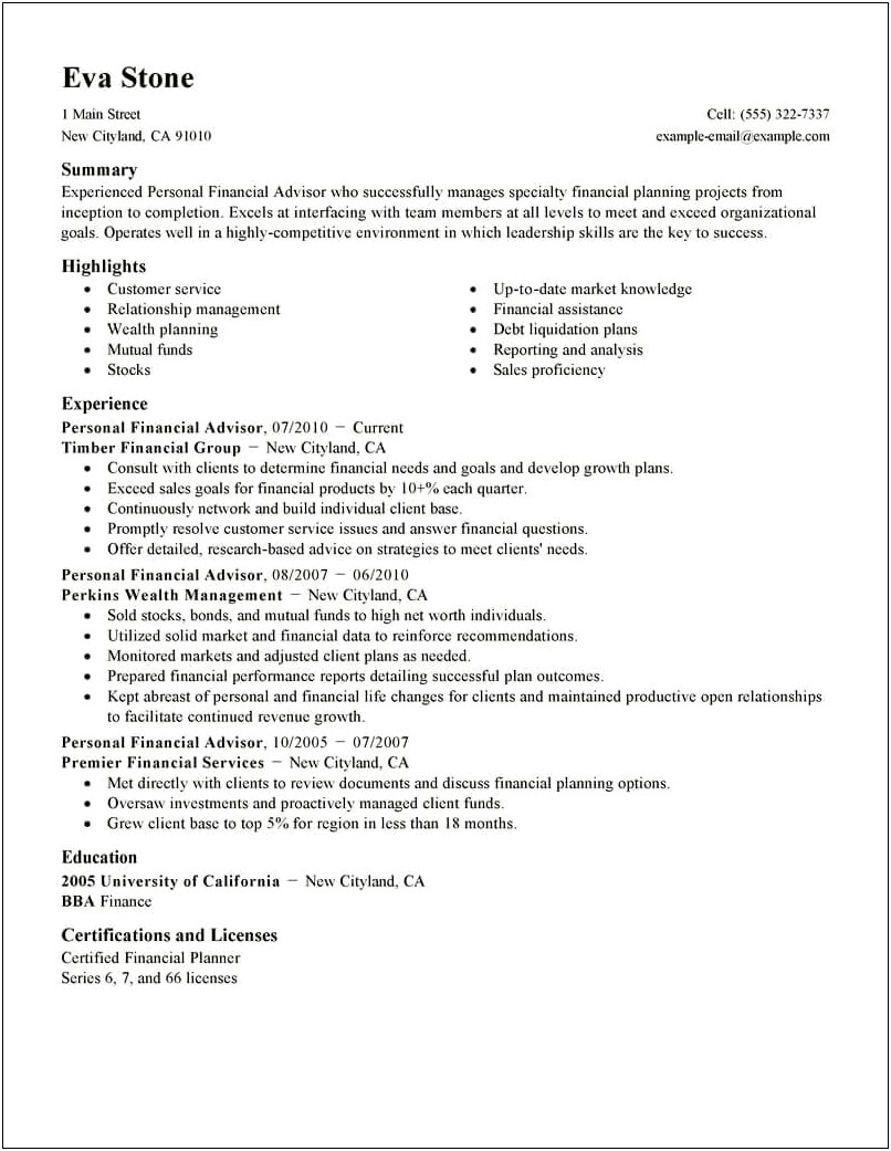 Example Resume For Financial Advisor