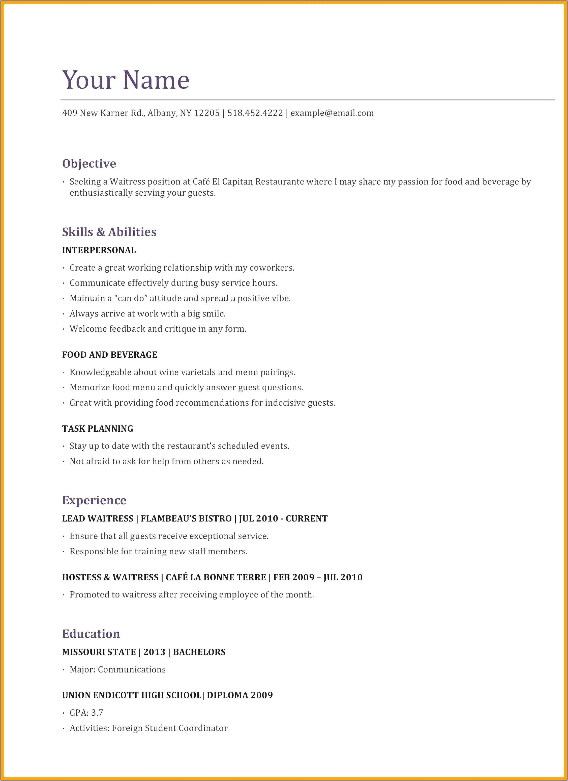 Example Resume For Food Server