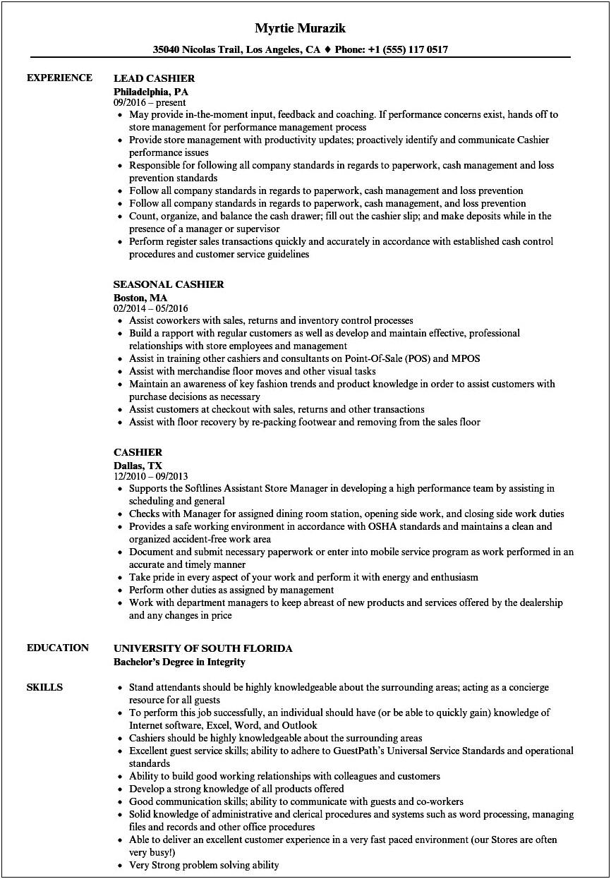 Example Resume For Gas Station Cashier