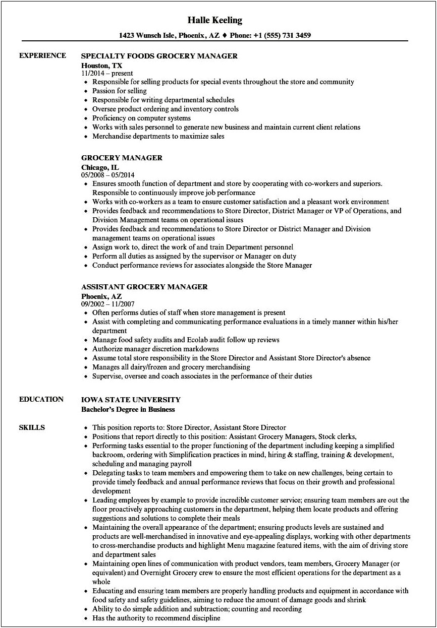 Example Resume For Grocery Store