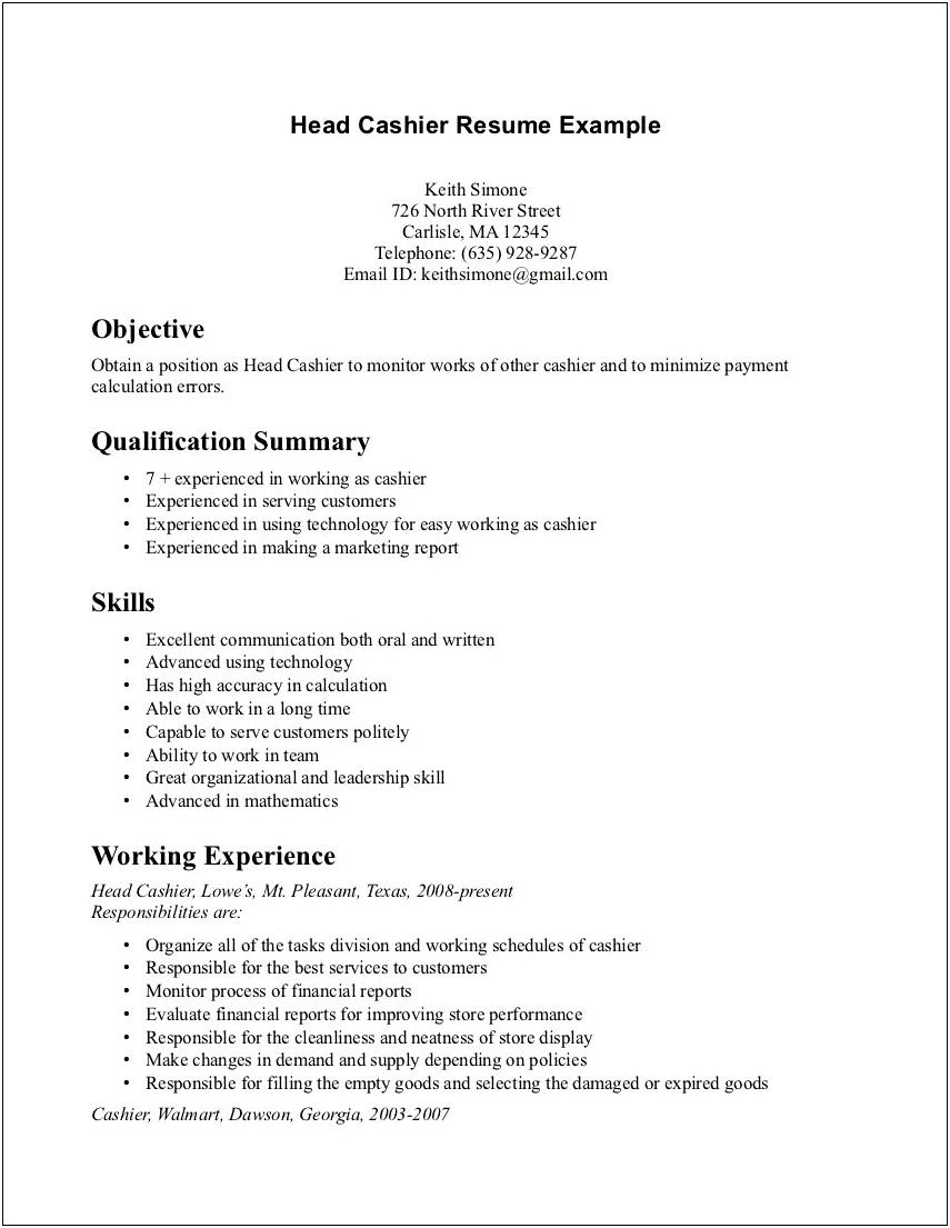 Example Resume For Head Cashier Convenience Store
