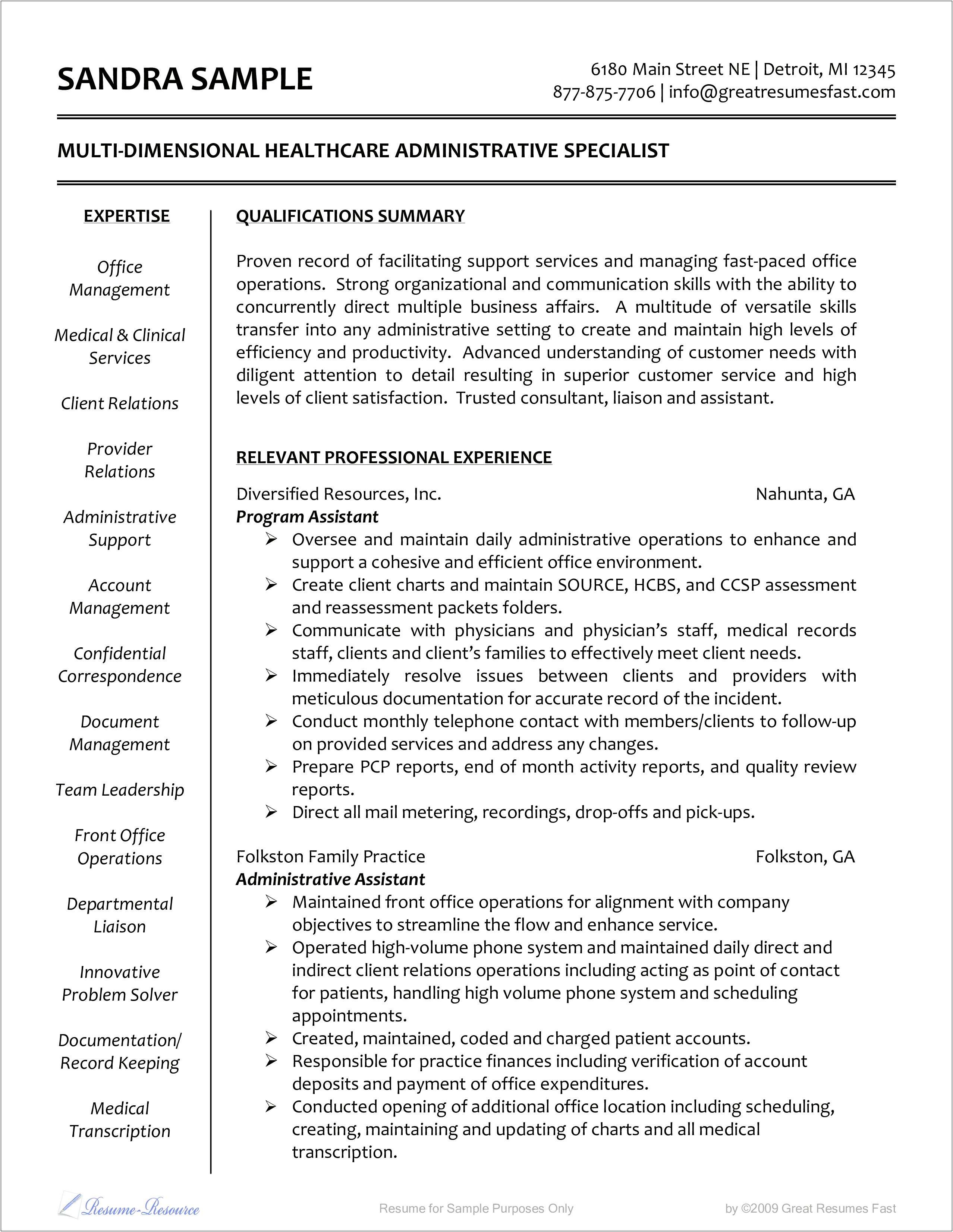 Example Resume For Healthcare Administration