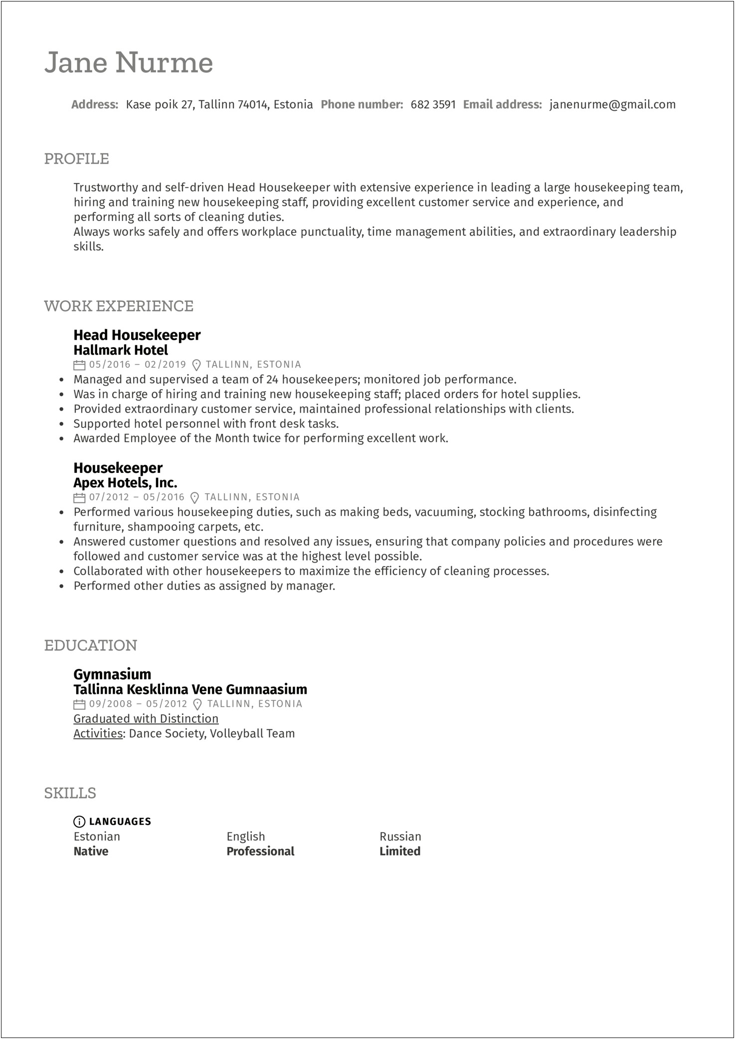 Example Resume For Housekeeping Position