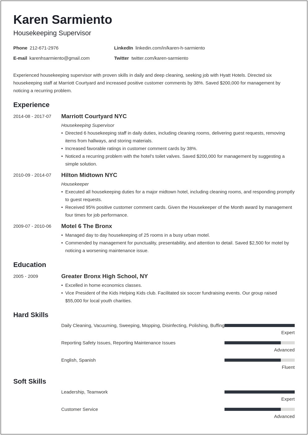 Example Resume For Housekeeping With No Experience