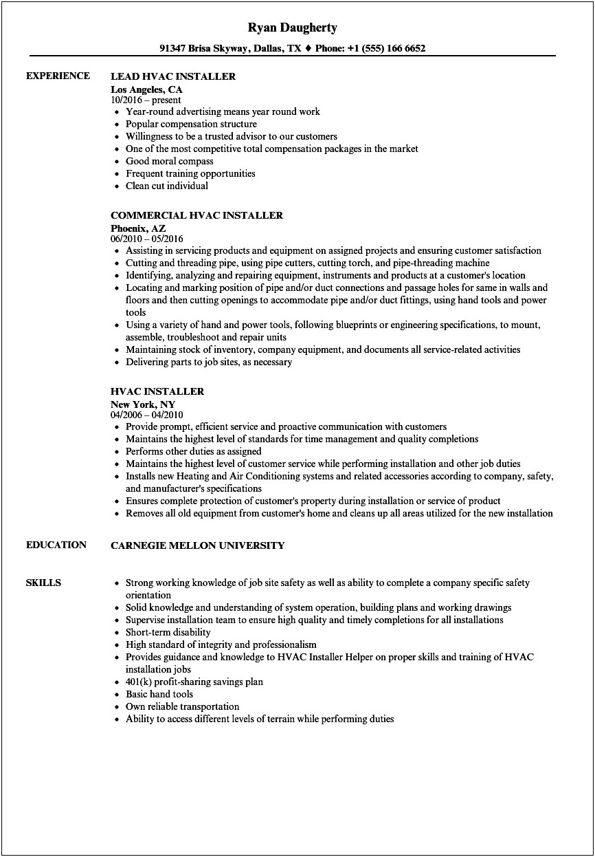 Example Resume For Hvac Technician