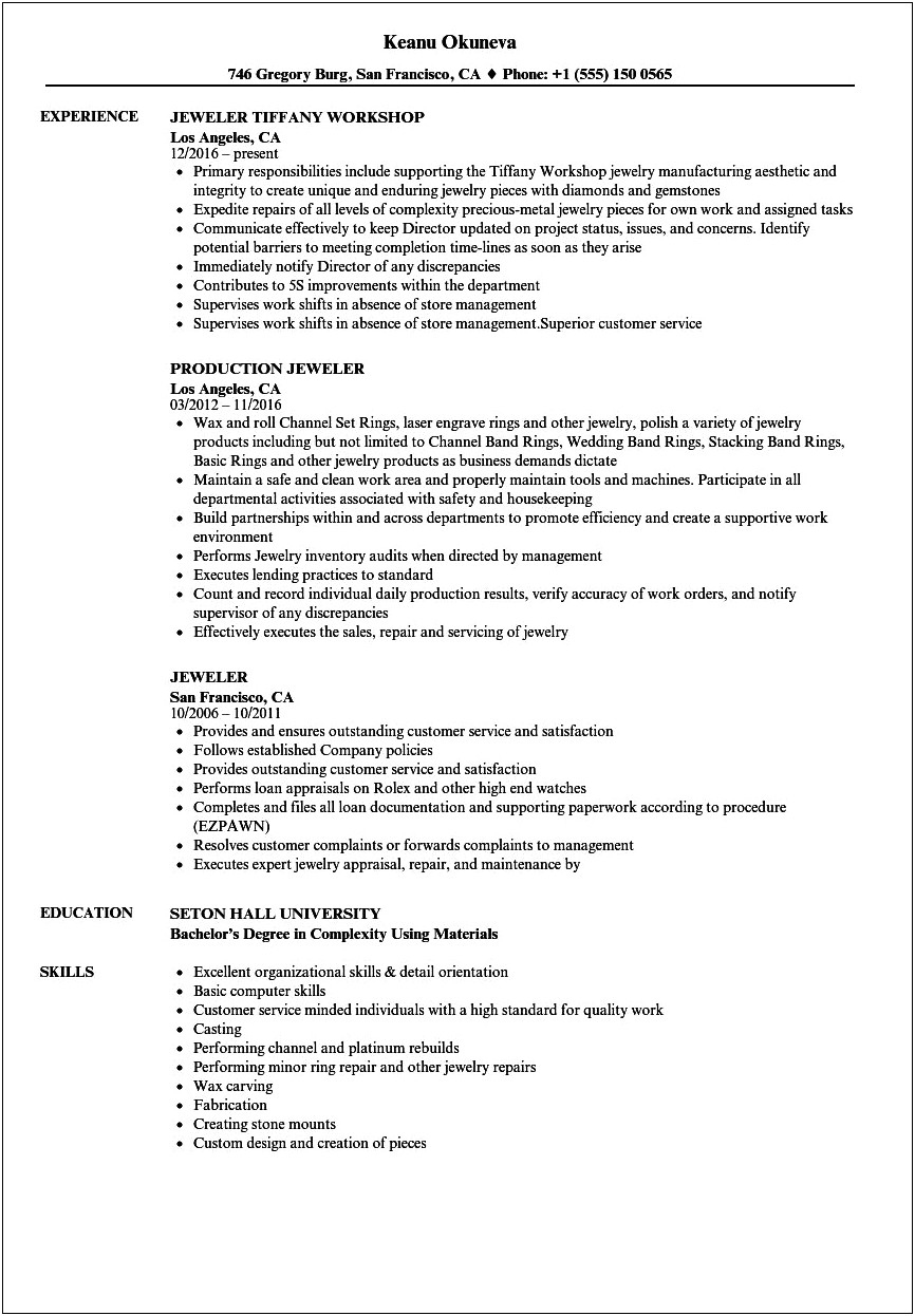 Example Resume For Jewelry Sales Associate