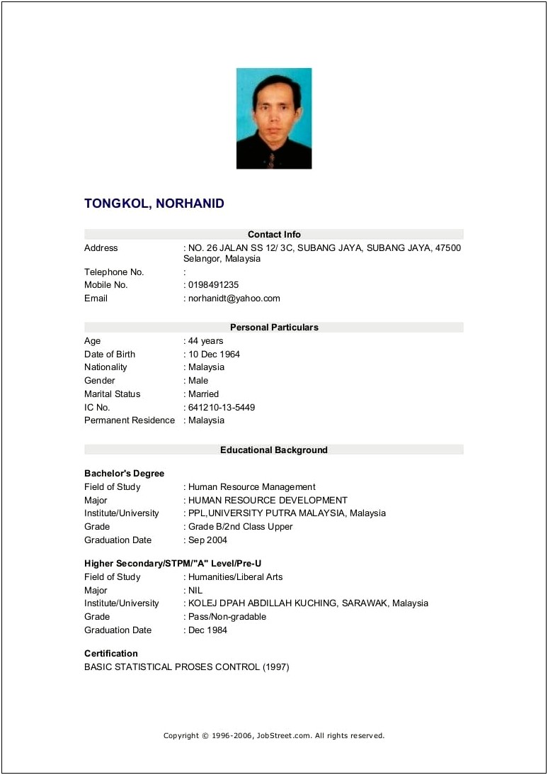 Example Resume For Job Application In Malaysia