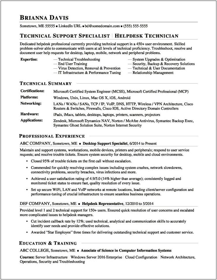 Example Resume For Laundry Technician