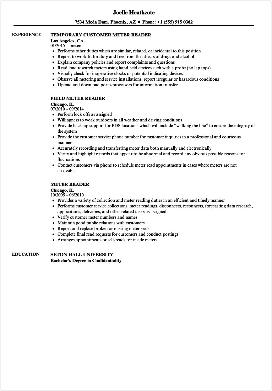 Example Resume For Meter Reader