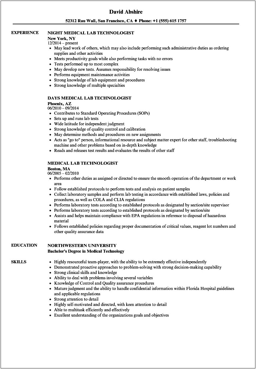 Example Resume For New Medical Lab Technician