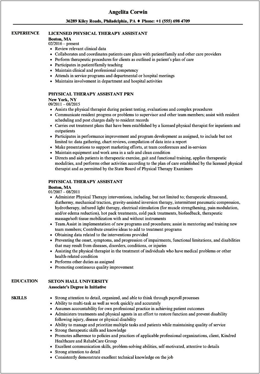 Example Resume For Occupational Therapy Assistant