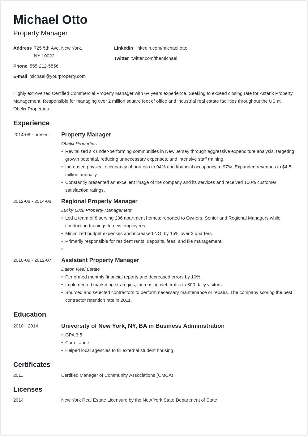 Example Resume For Property Manager