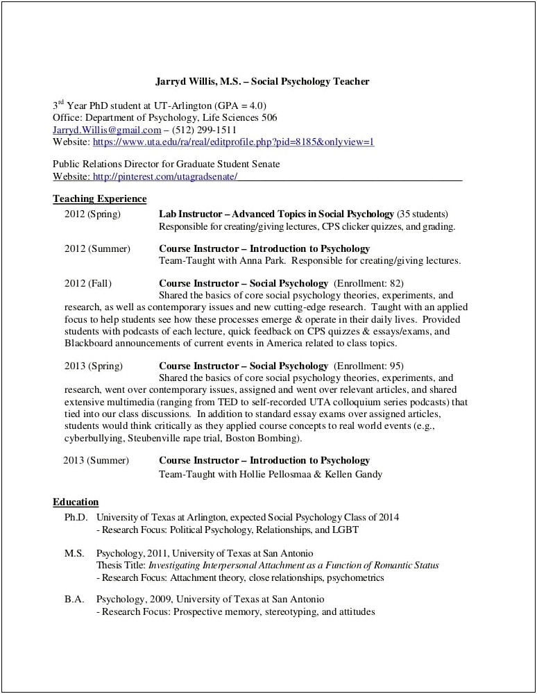 Example Resume For Psychology Graduate