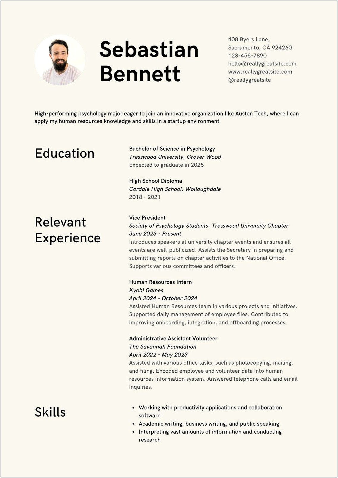 Example Resume For Psychology Major