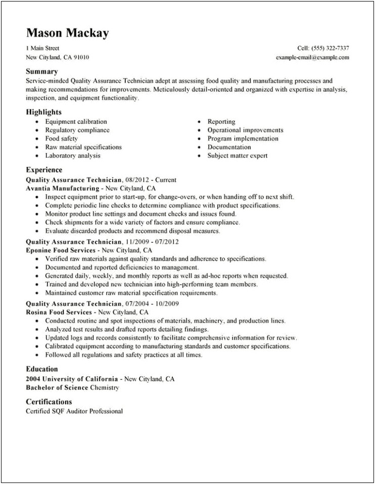 Example Resume For Quality Assurance
