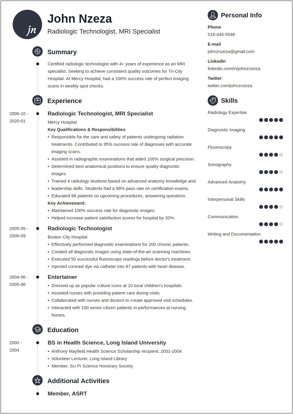 Example Resume For Radiologic Technologist
