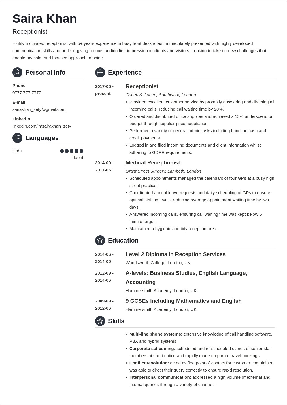 Example Resume For Receptionist Position