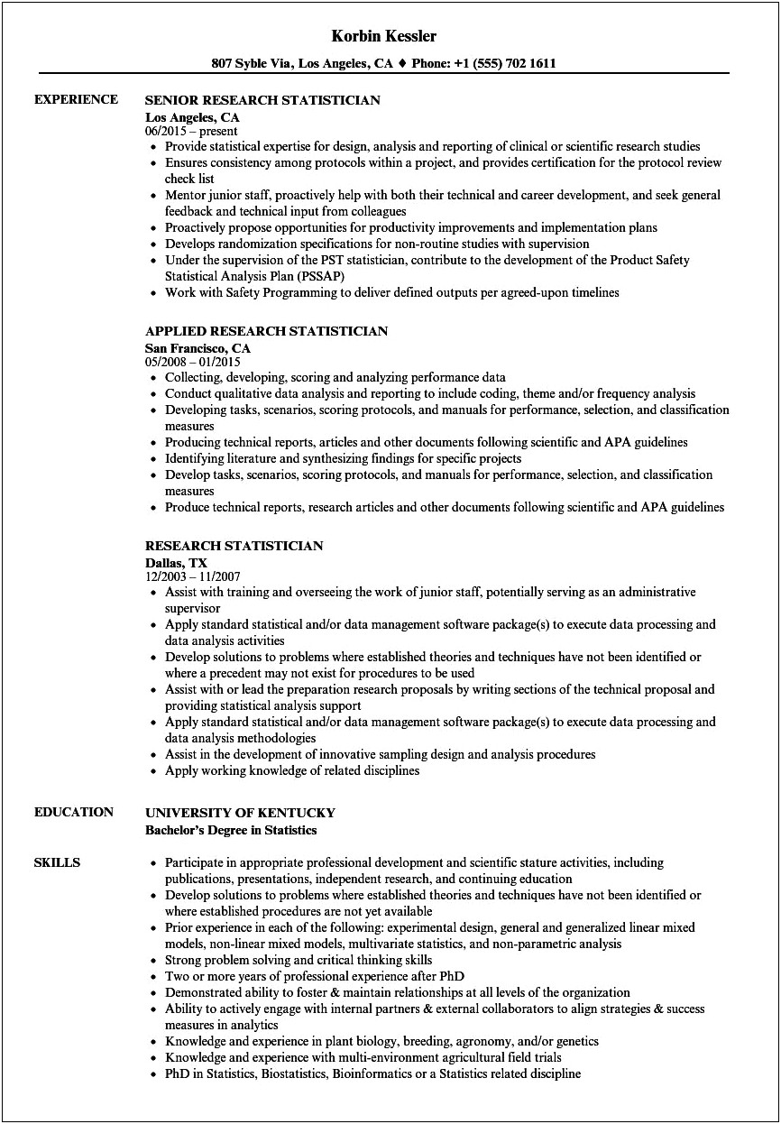 Example Resume For Research Statistician