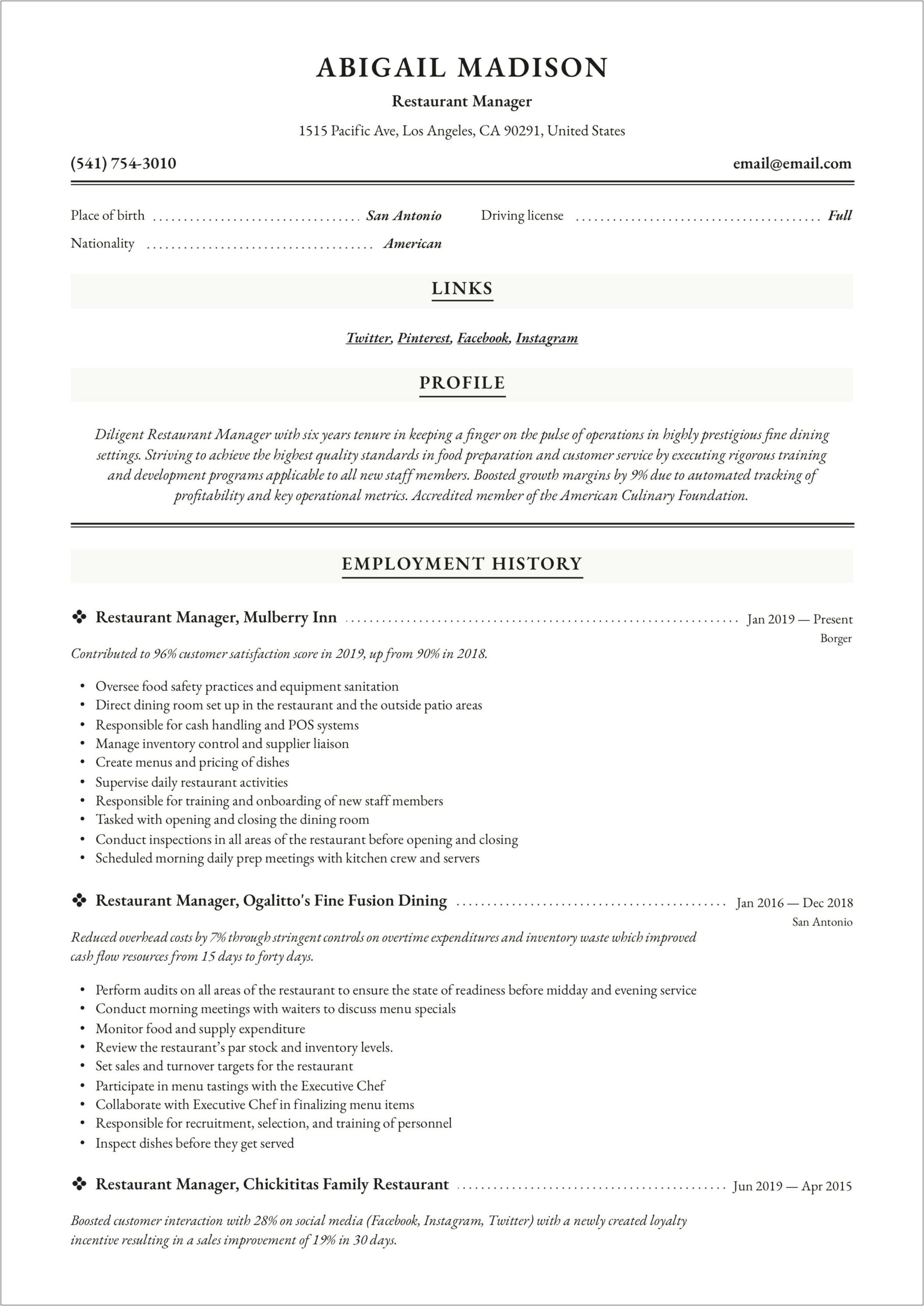Example Resume For Restaurant Management