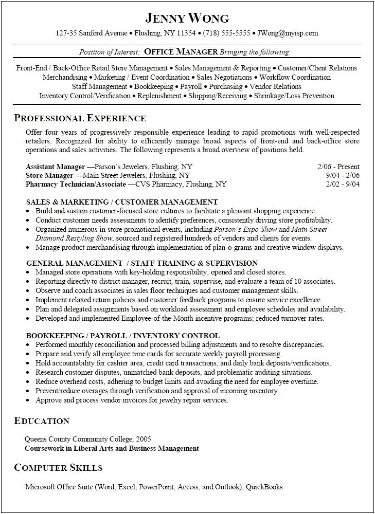 Example Resume For Retail Store Manager