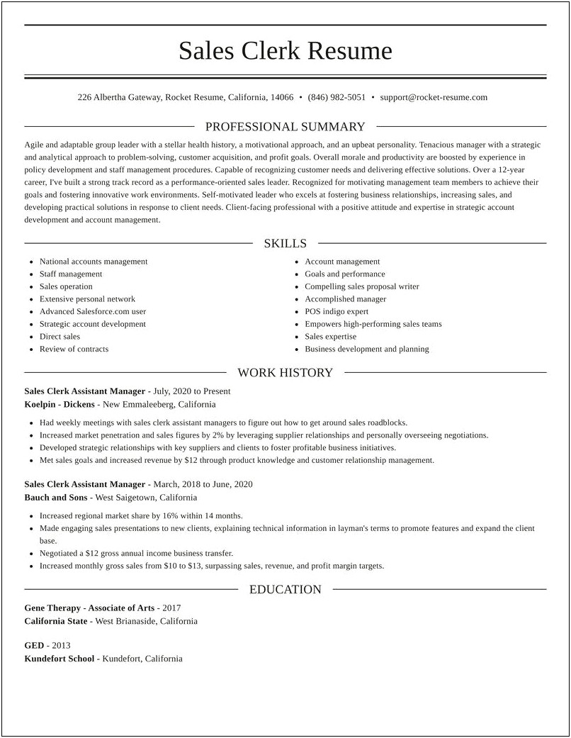 Example Resume For Sales Clerk