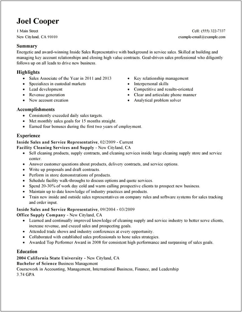 Example Resume For Sales Professionals