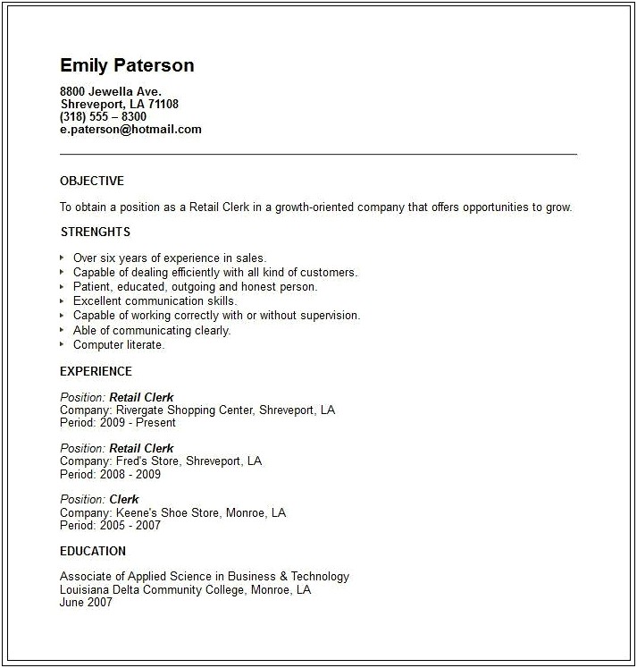 Example Resume For Store Clerk With Out Experience