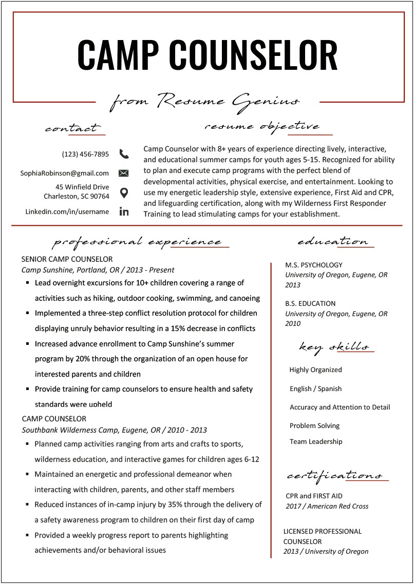 Example Resume For Summer Camp Teacher Assistant