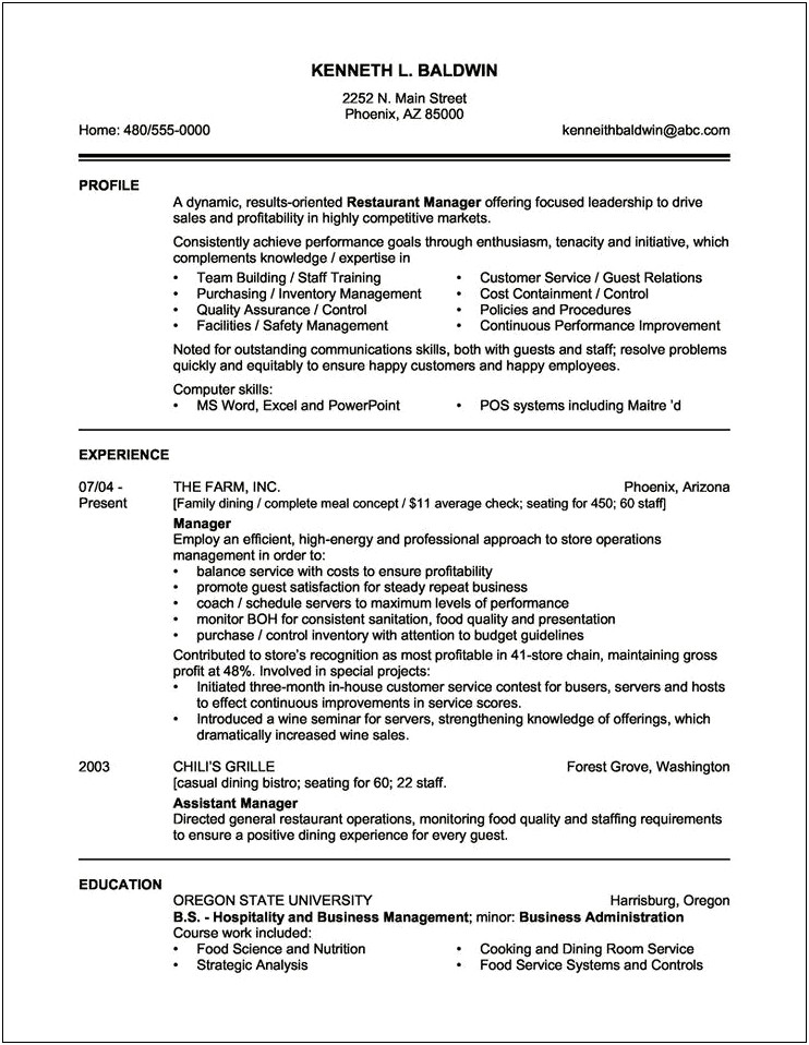 Example Resume For Supervisory Position