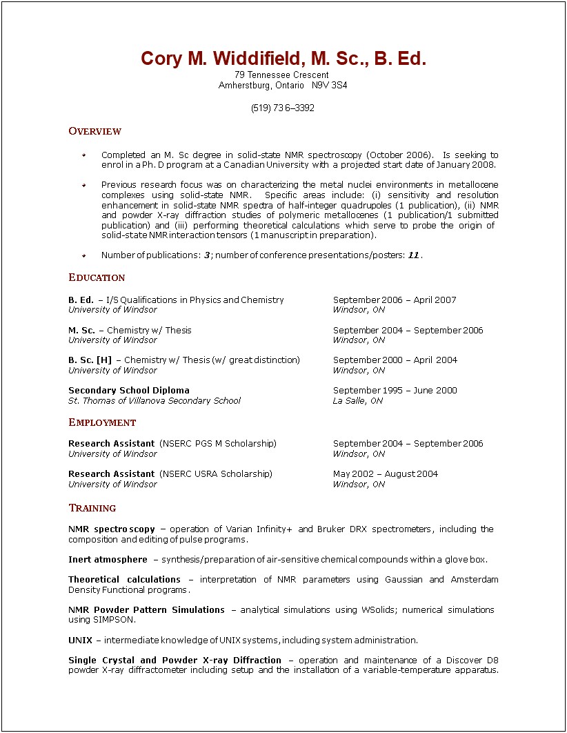 Example Resume For Synthetic Chemist