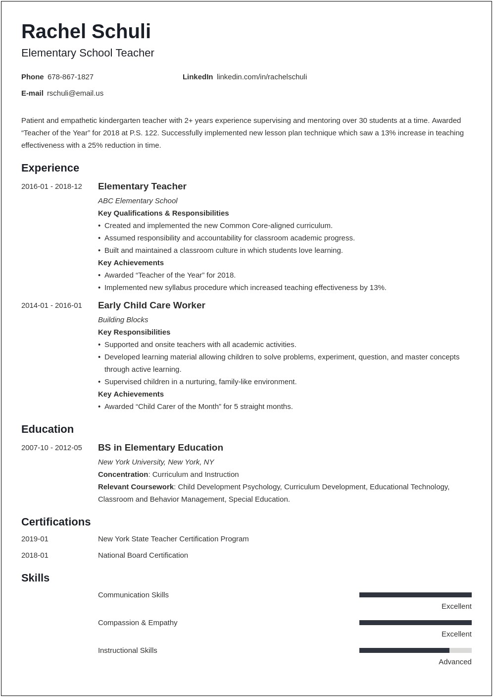 Example Resume For Teacher Applicant