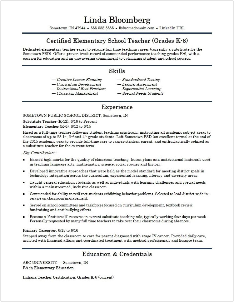 Example Resume For Teacher Experience