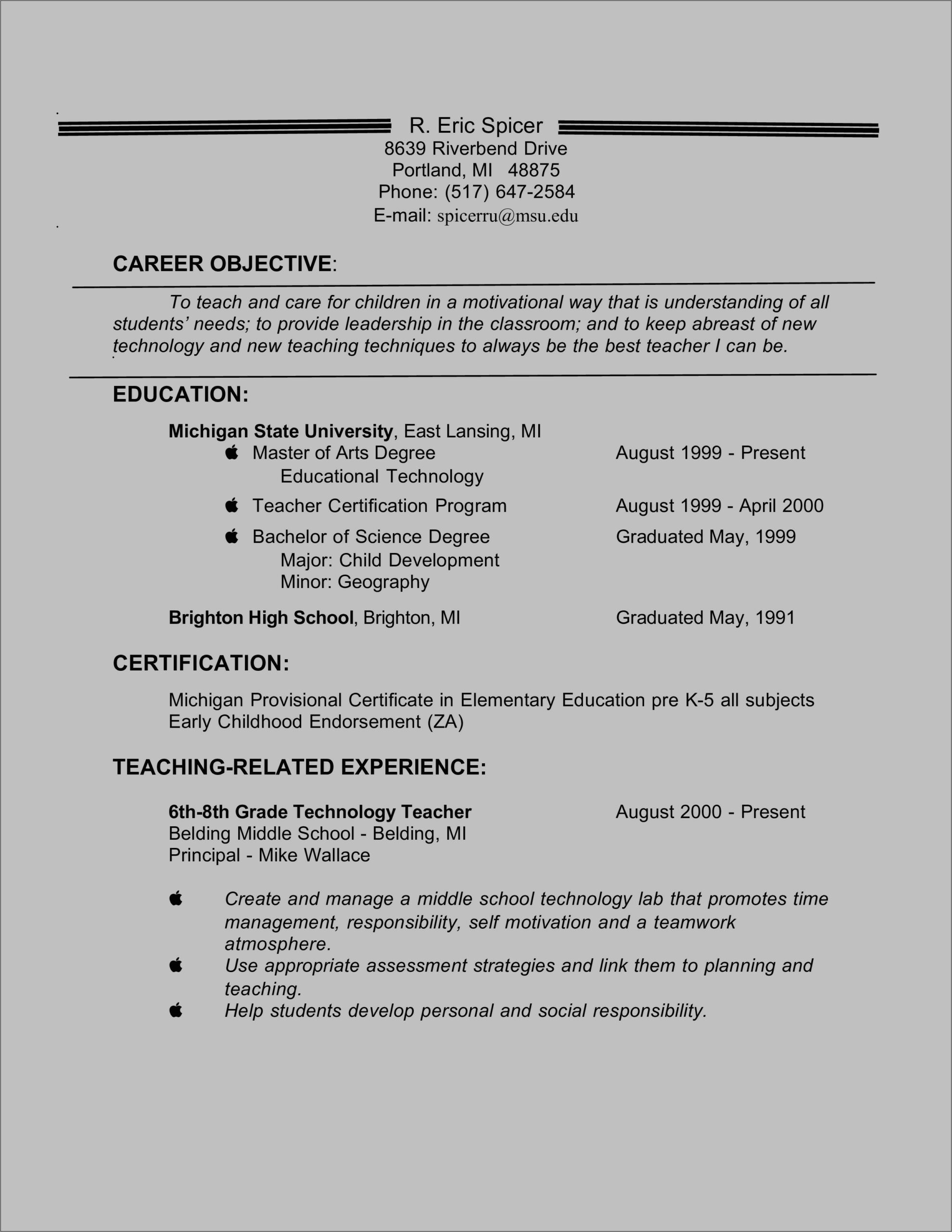 Example Resume For Teachers Objective