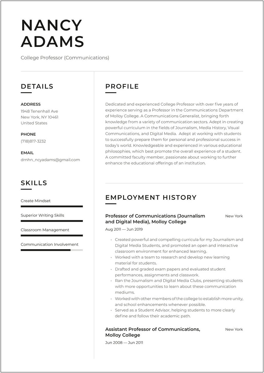 Example Resume For Teaching In University