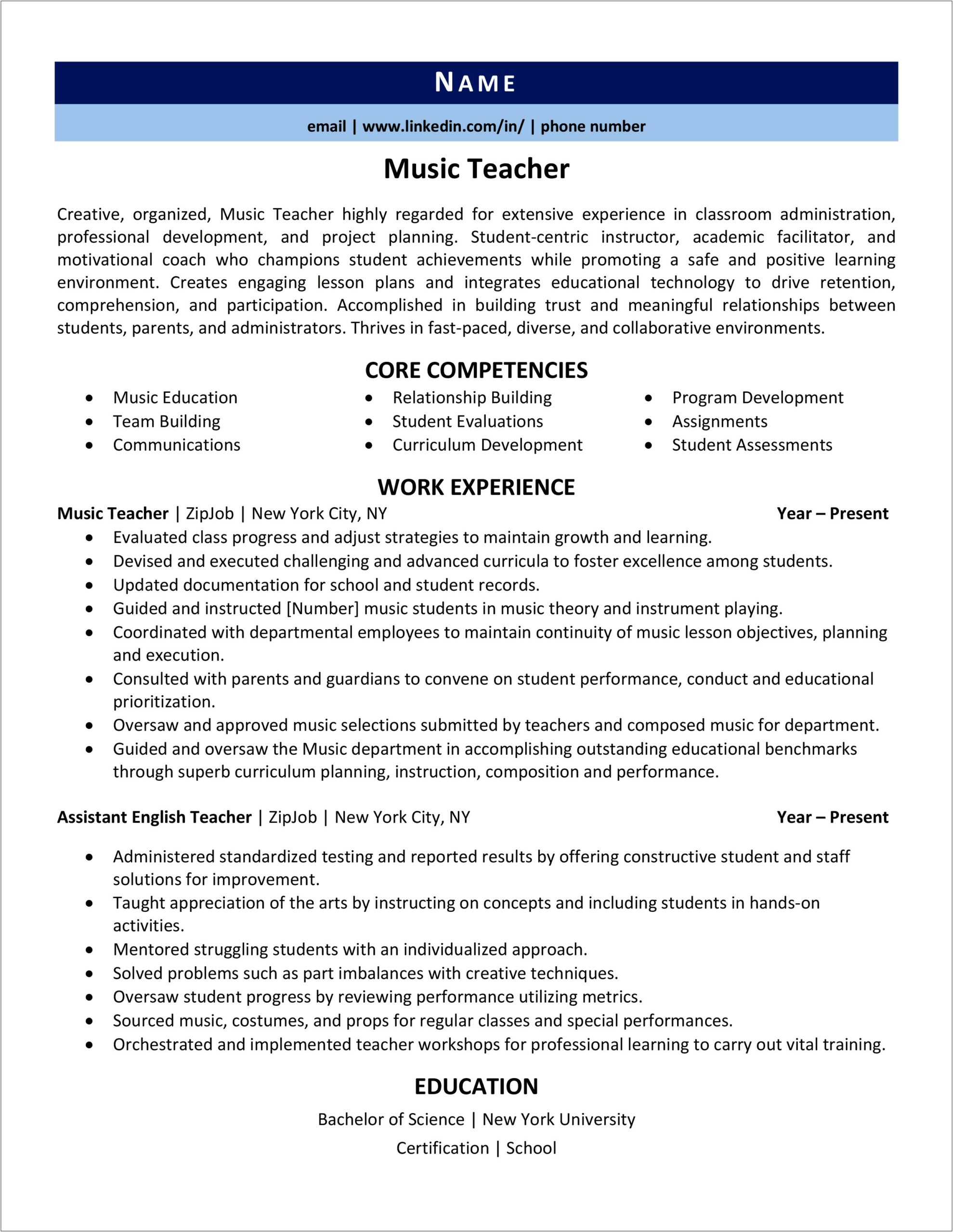 Example Resume For Vocal Teacher
