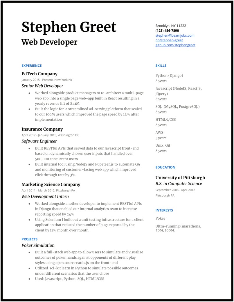 Example Resume For Web Developer