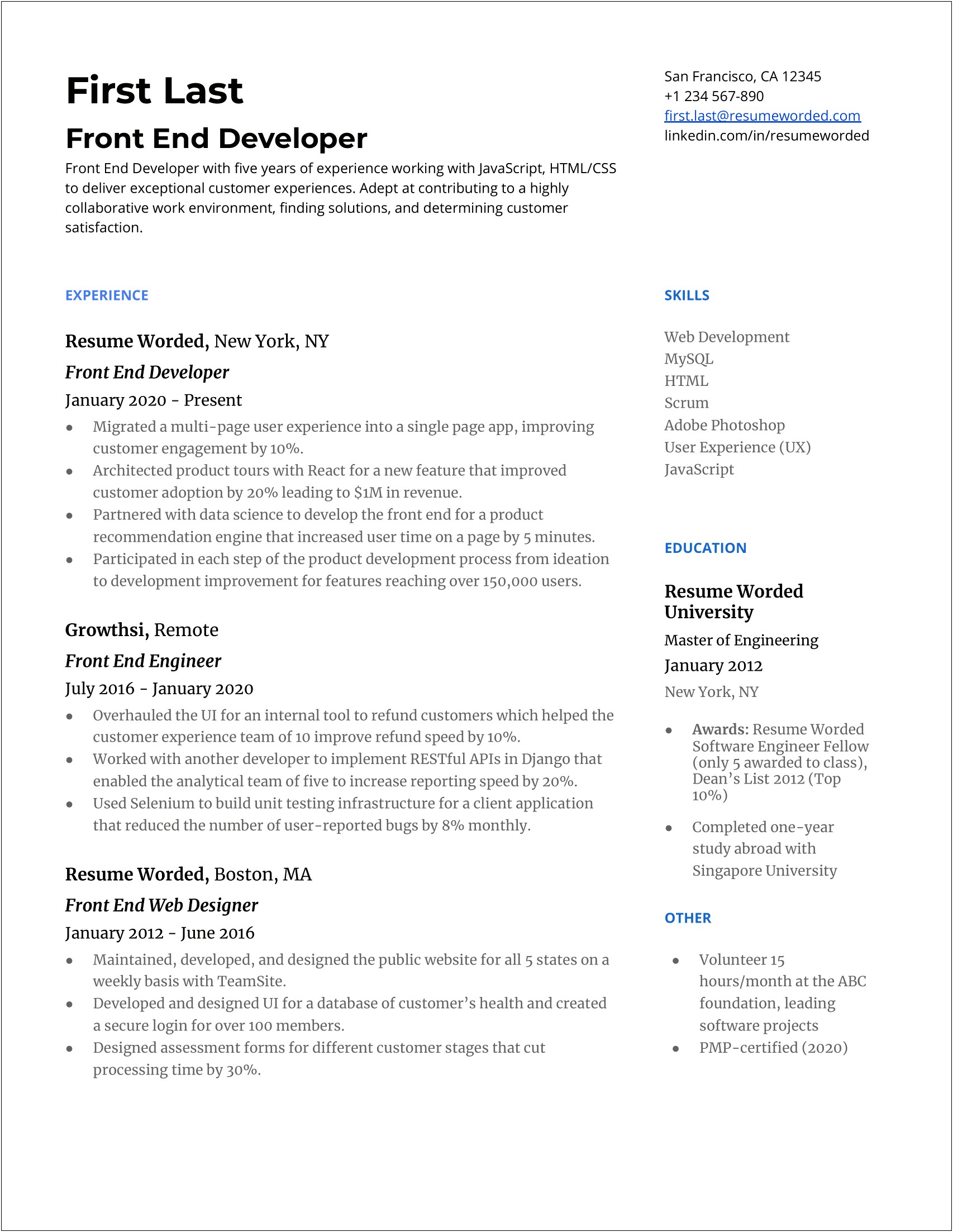 Example Resume Format Work Experience