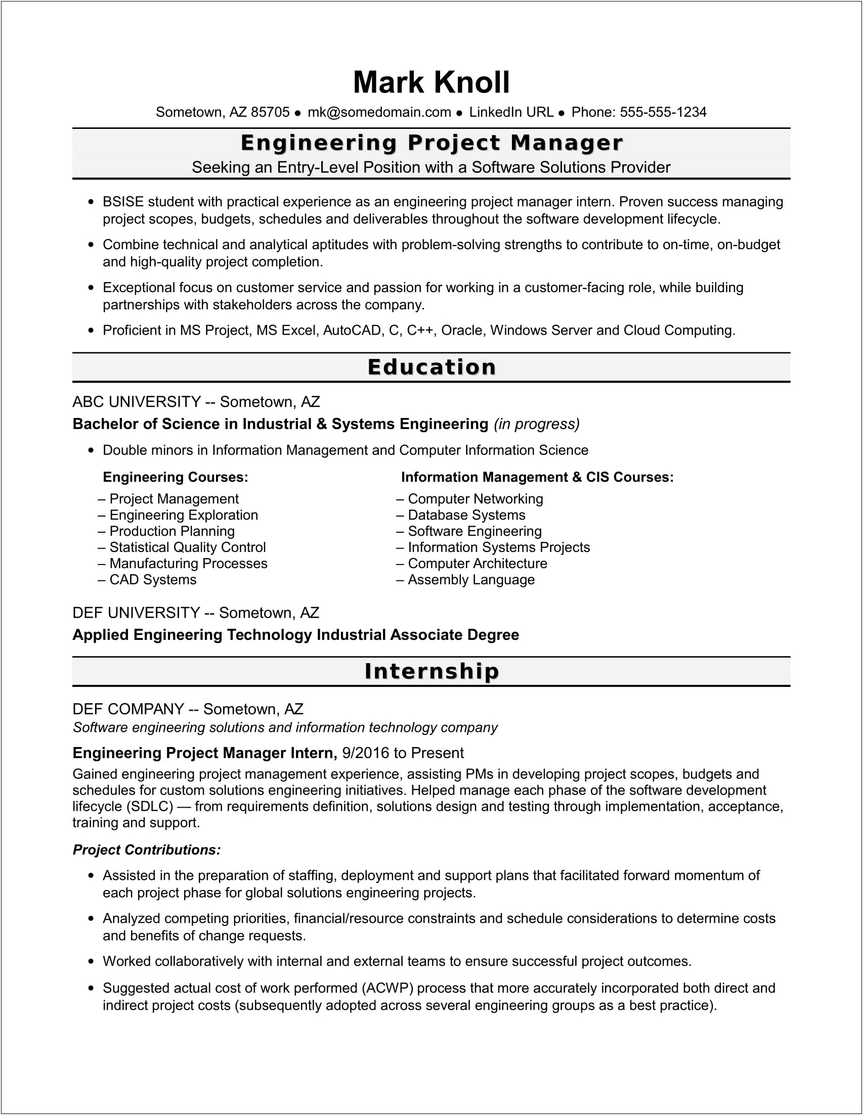 Example Resume In Administration Engineering