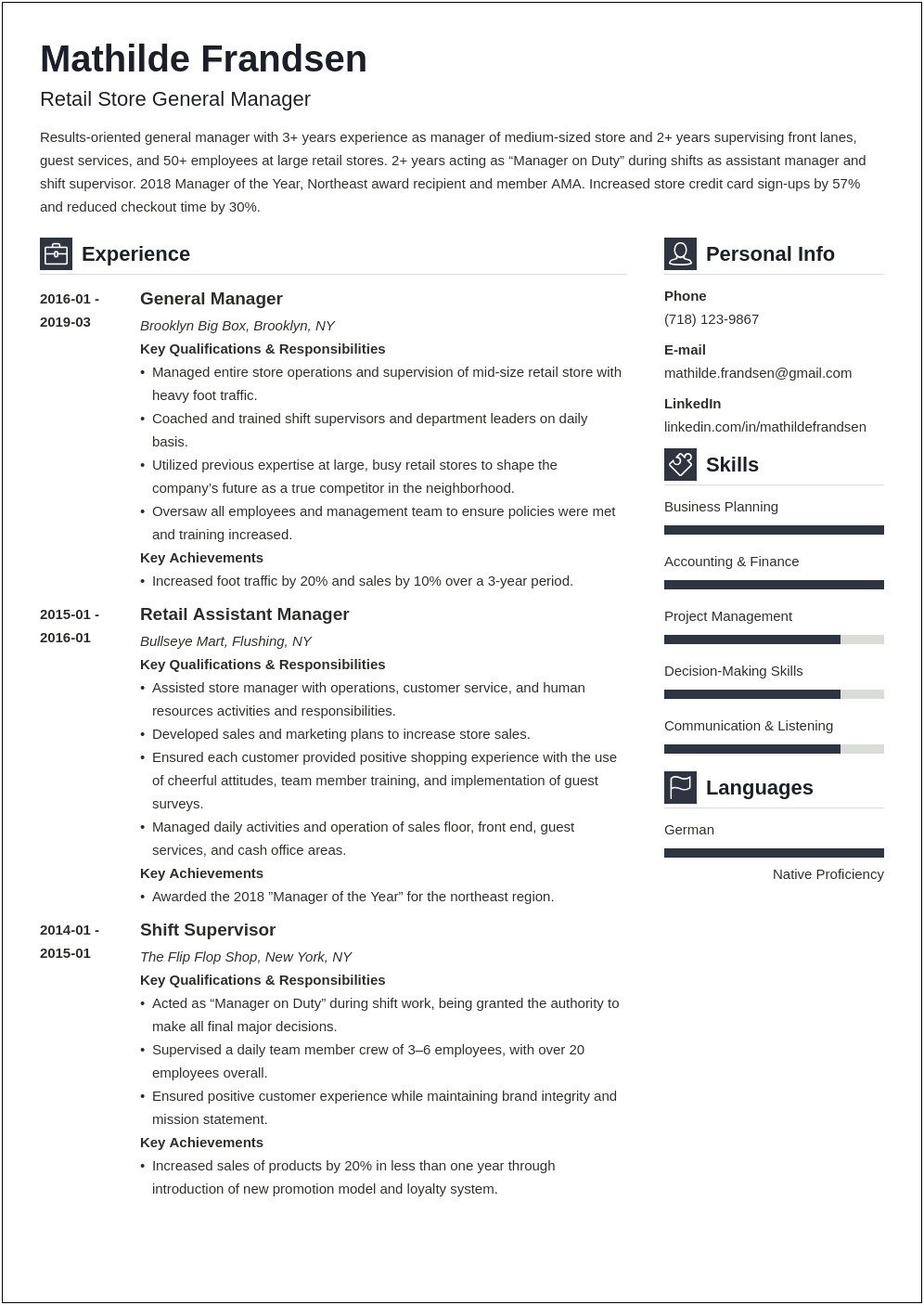 Example Resume In German Operations Manager
