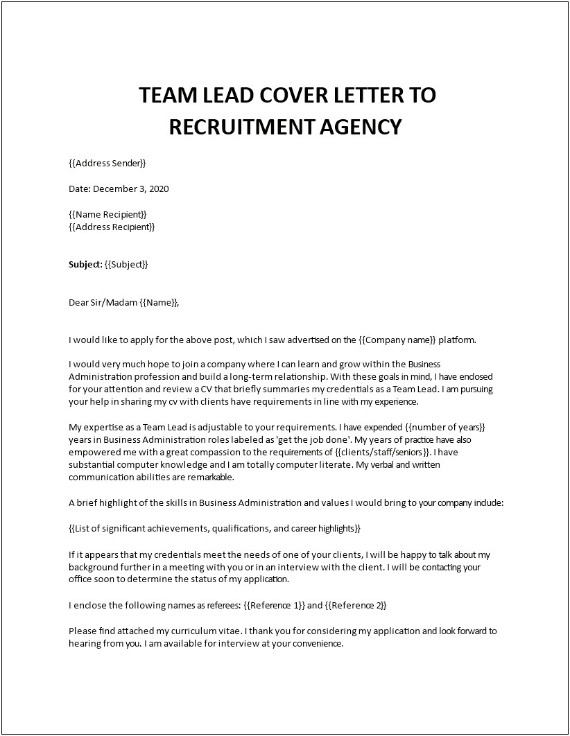 Example Resume Letter For Department Leader