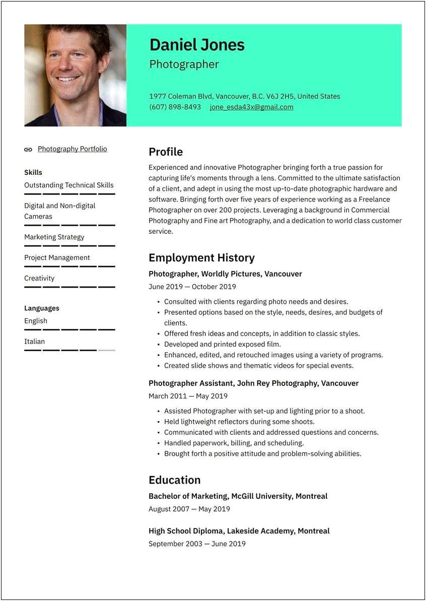 Example Resume Of A Photographer