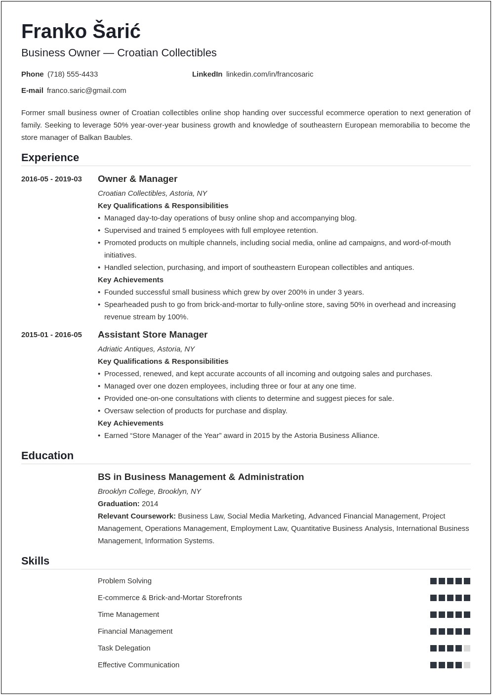 Example Resume Of Business Owner