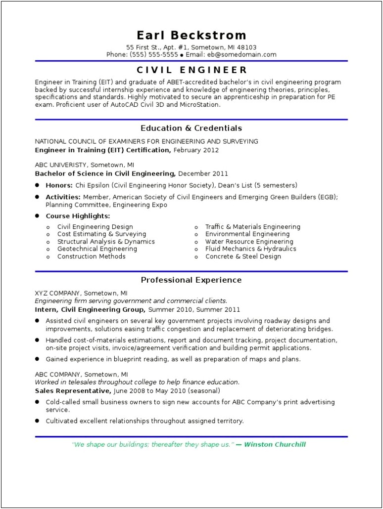 Example Resume Of Civl Cost Estmator
