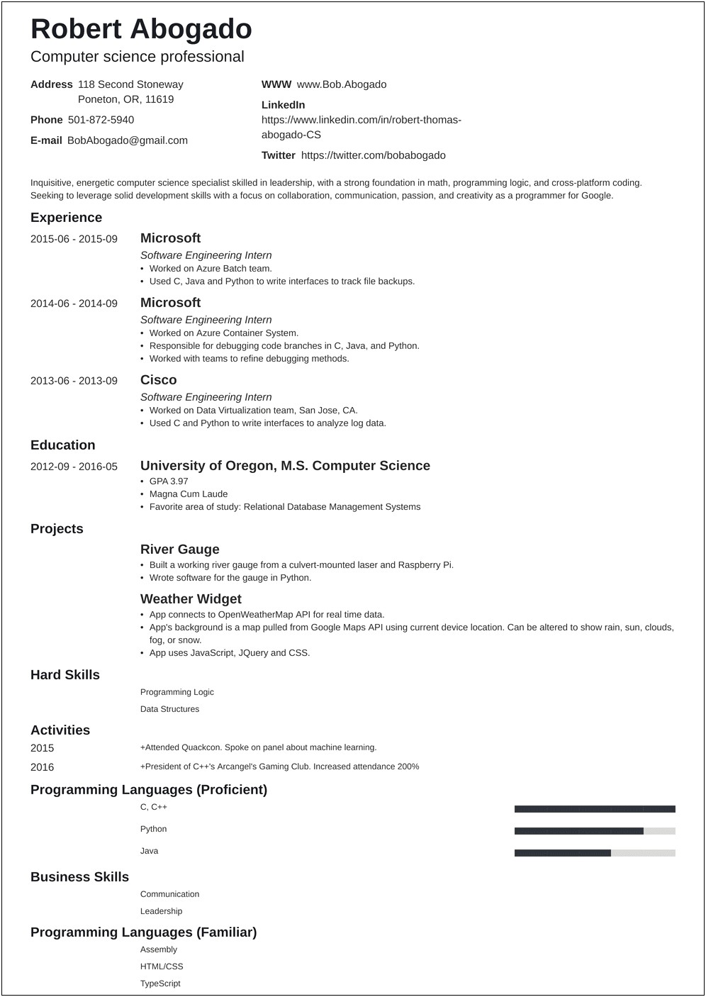 Example Resume Of Computer Science Student