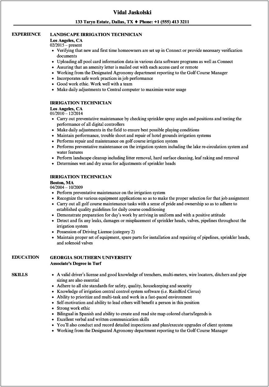 Example Resume Of Irrigation Technician