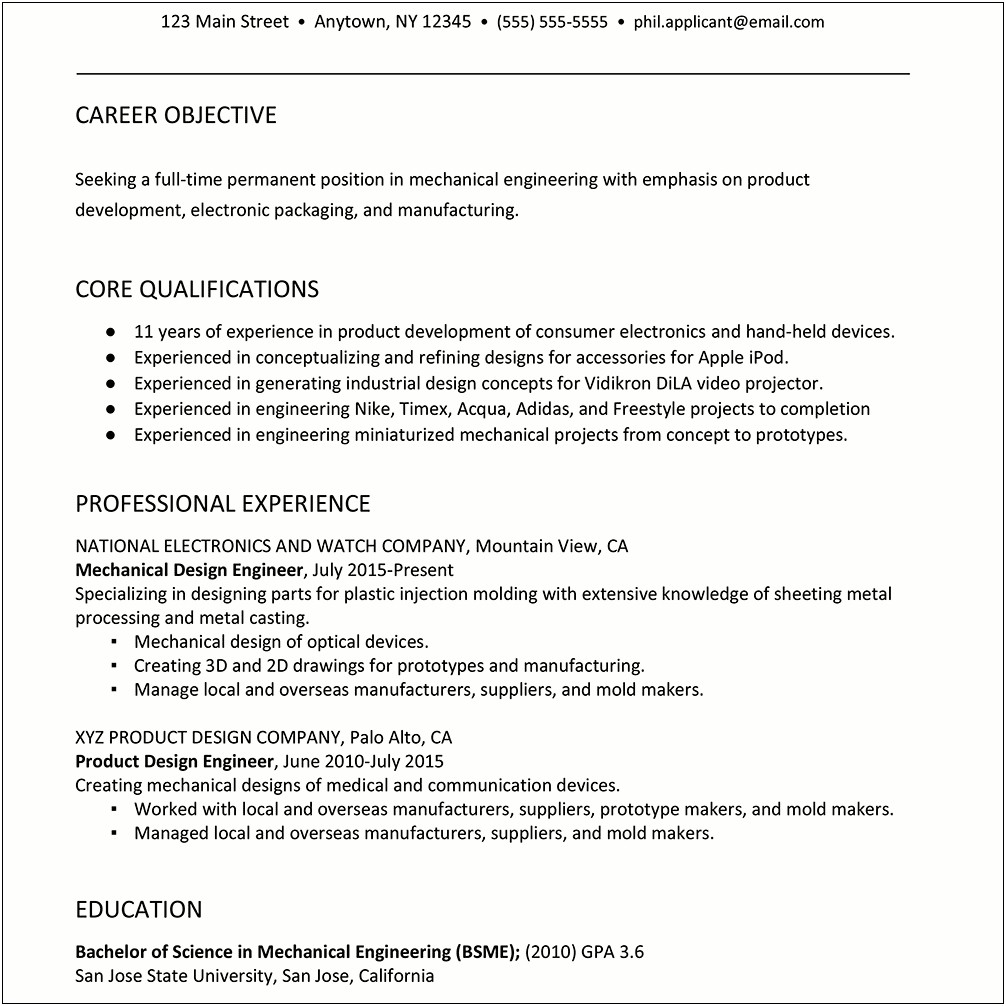 Example Resume Of Mechanical Engineer
