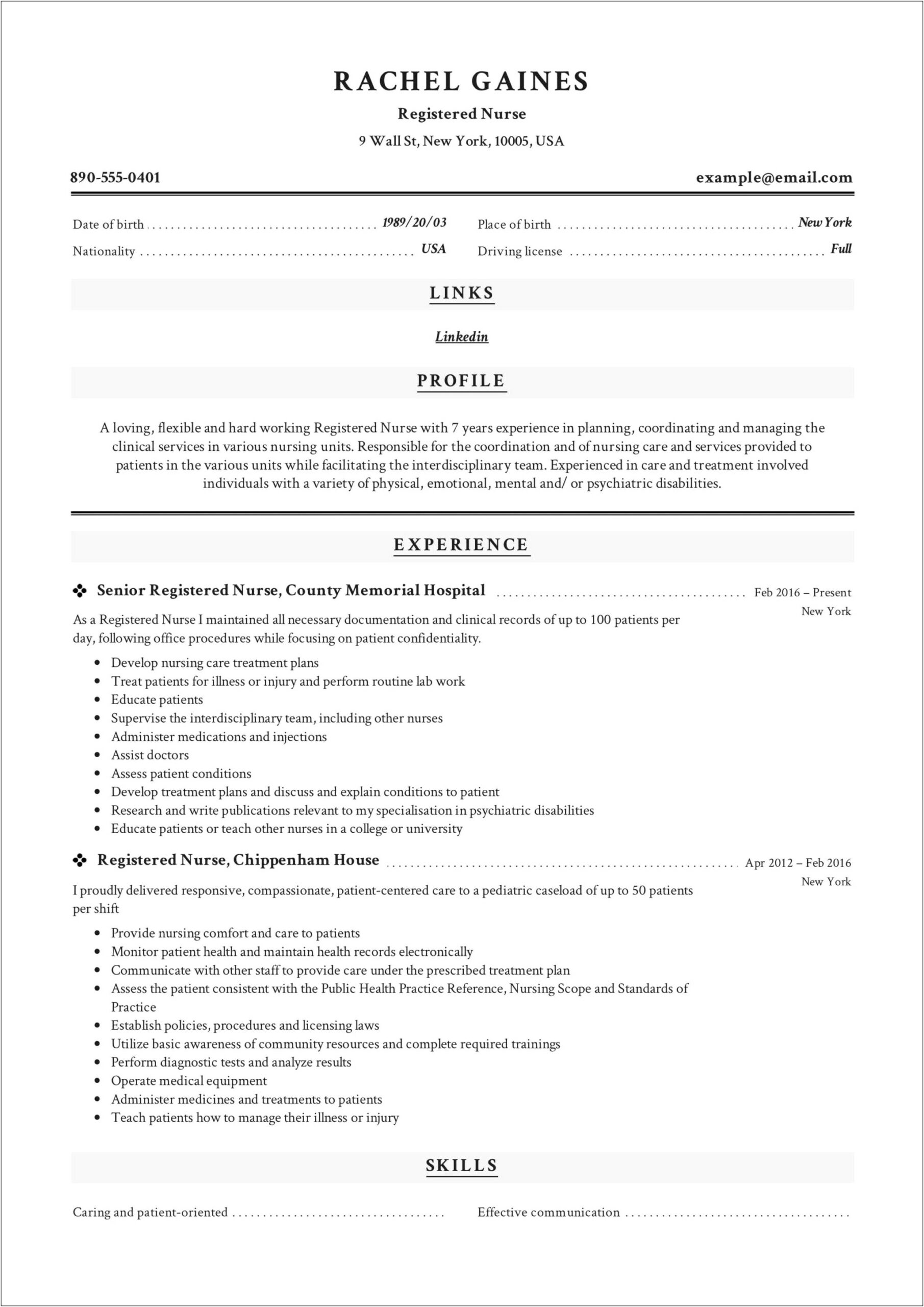 Example Resume Of Registered Nurse