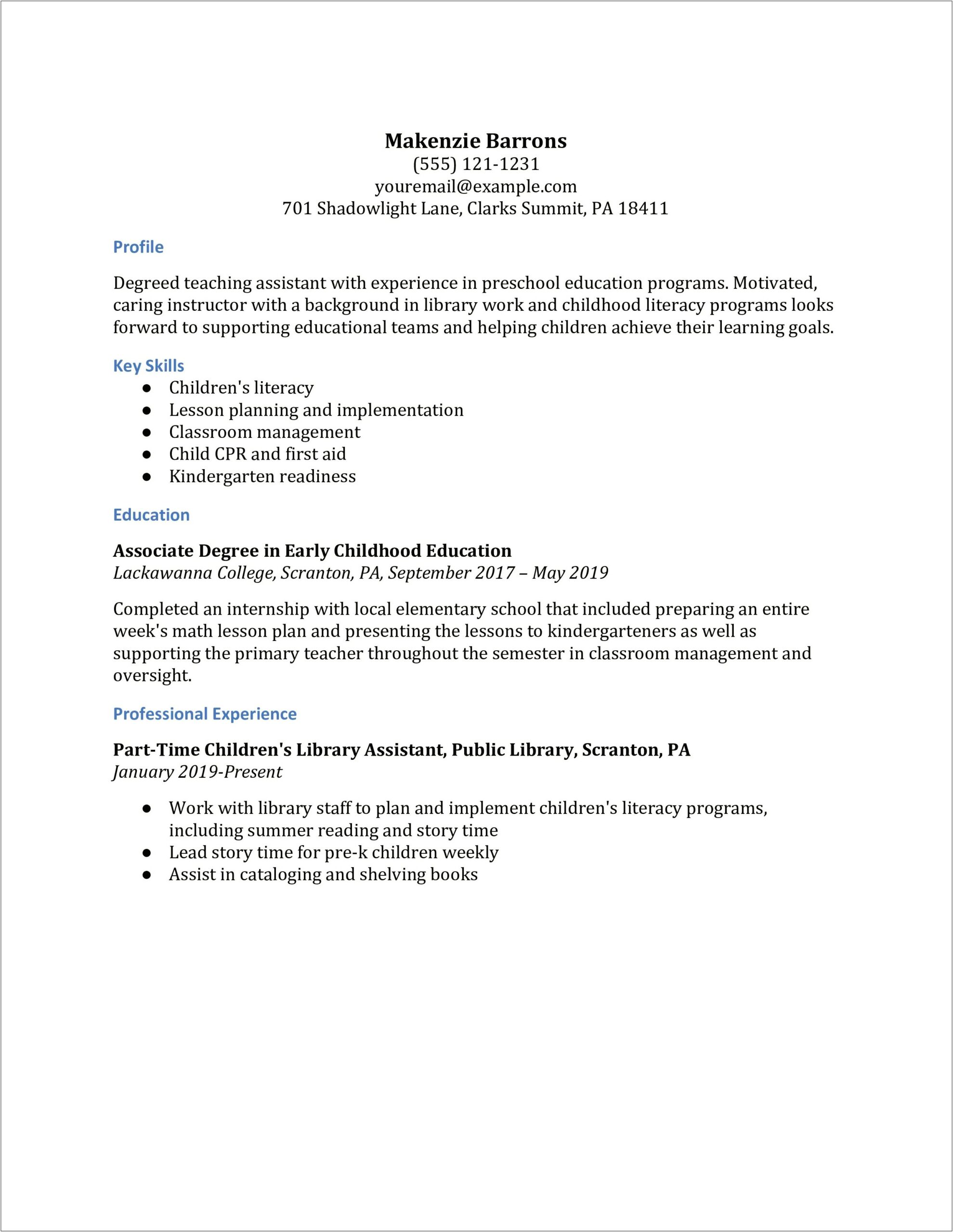 Example Resume Of Teacher Assistant