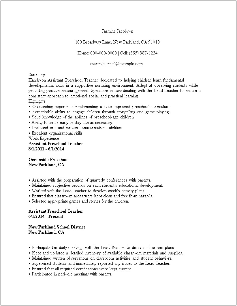 Example Resume Preschool Teacher Assistant