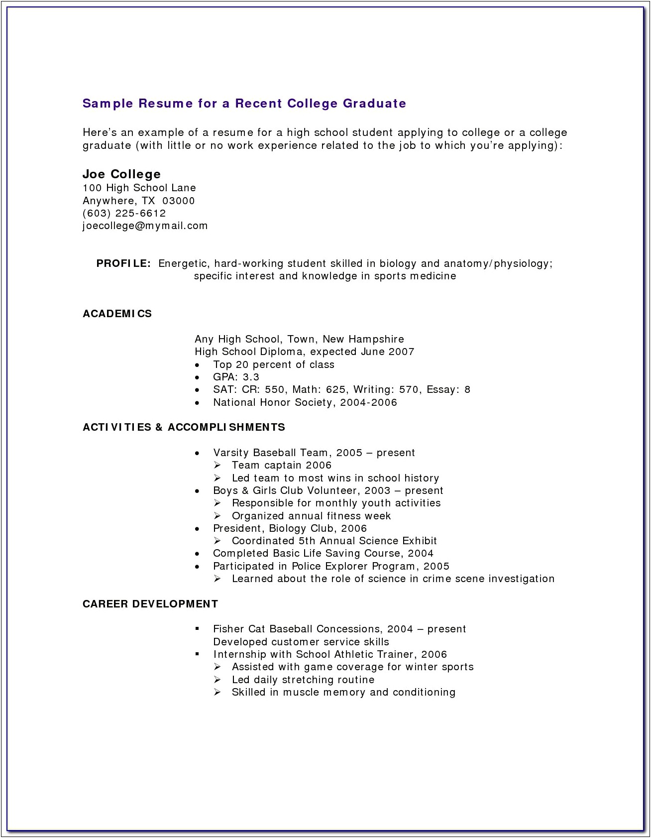 Example Resume Recent College Graduate